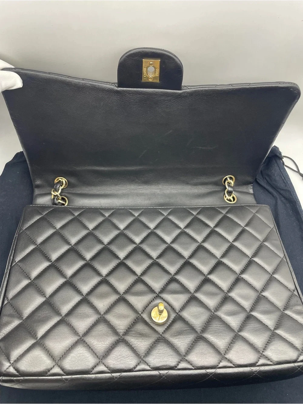 CHANEL Black Quilted Lambskin Double Flap Shoulder Bag with Gold Hardware
